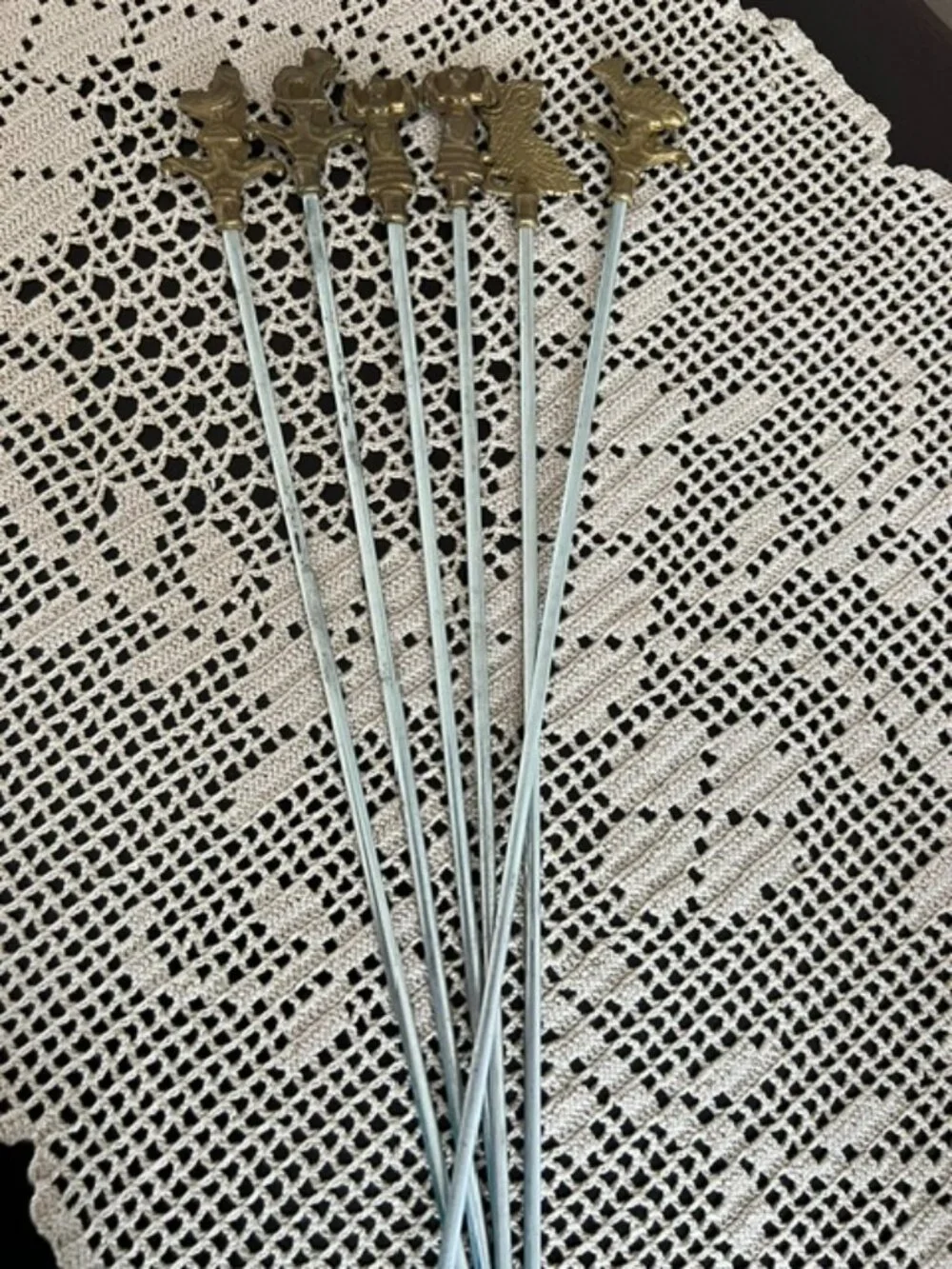 VTG Set Of 6 Turkish Skewers with Various Decorative Brass Tops